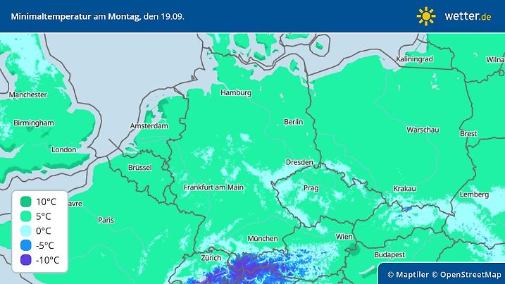 Die Grafik zeigt die Tiefstwerte für den Montag, 19.09.2022
