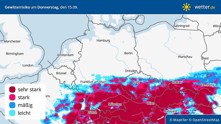 Die Grafik zeigt die Gewittergefahr für Donnerstag, 15. September 2022