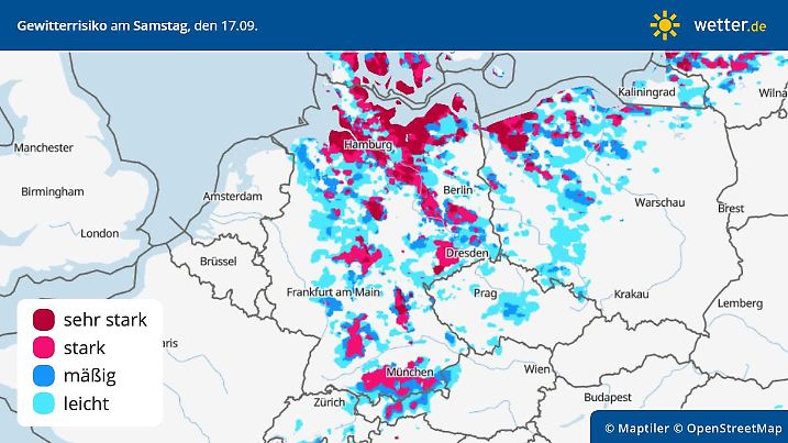 Die Grafik zeigt die Gewittergefahr für Samstag, 17. September 2022