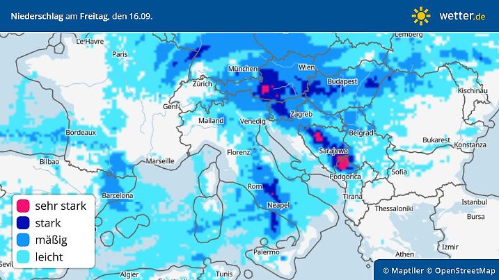 Die Grafik zeigt die Niederschläge am Freitag, 16.09.2022