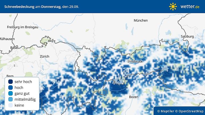 Die Grafik zeigt die Schneebedeckung am Donnerstag , 29.09.2022