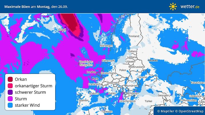 Die Grafik zeigt die stärksten Windböen über Europa am Montag, 26.09.2022