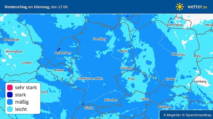 Die Grafik zeigt die Niederschläge am Dienstag, 27.09.2022