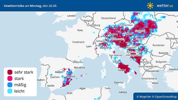 Die Grafik zeigt das Gewitterrisiko für Montag, 26.09.2022
