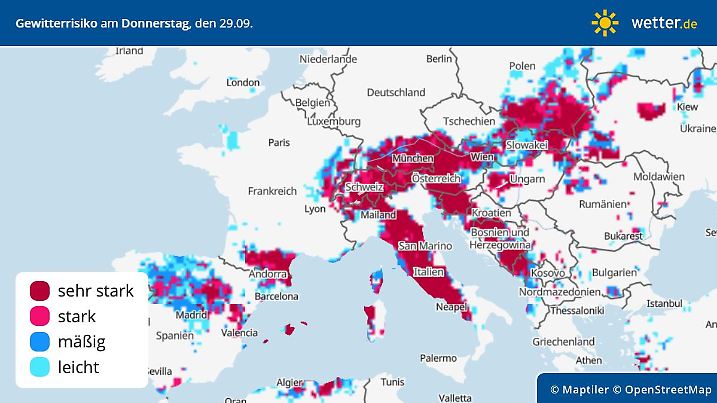 Die Grafik zeigt das Gewitterrisiko für Donnerstag, 29.09.2022