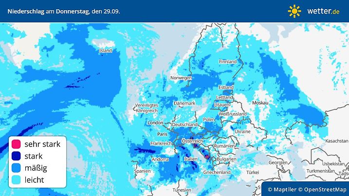 Die Grafik zeigt die Niederschläge  für Donnerstag, 29.09.2022