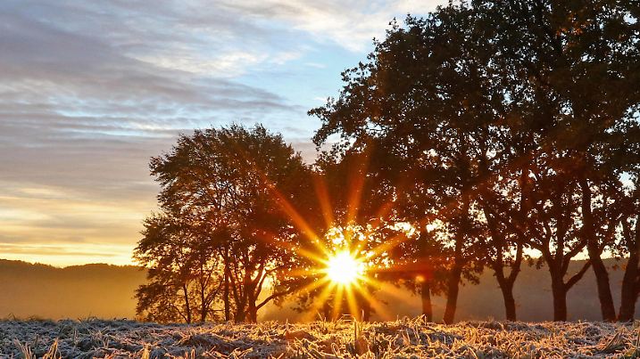News Bilder des Tages Goldener Oktober, Herbst im Siegerland, ein sehr kalter Herbstmorgen im Siegerland in Siegen-Oberschelden, die Sonne geht auf und scheint durch die Baume, Frost hat sich ueber die Wiesen gelegt Sonnenaufgang im Siegerland am 25.10.2021 in Siegen/Deutschland. *** Golden October, autumn in Siegerland, a very cold autumn morning in Siegerland in Siegen Oberschelden, the sun rises and shines through the trees, frost has settled over the meadows sunrise in Siegerland on 25 10 2021 in Siegen Germany