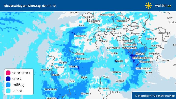 Die Grafik zeigt die Niederschläge am Dienstag, 11.10.2022