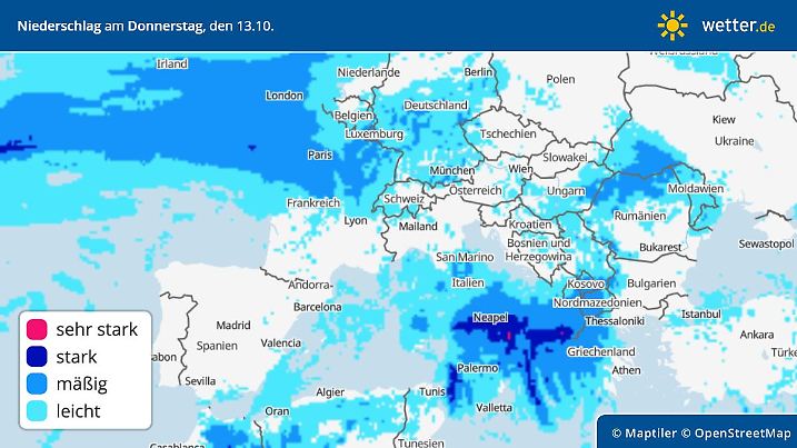 Die Grafik zeigt die Niederschläge am Donnerstag, 13.10.2022