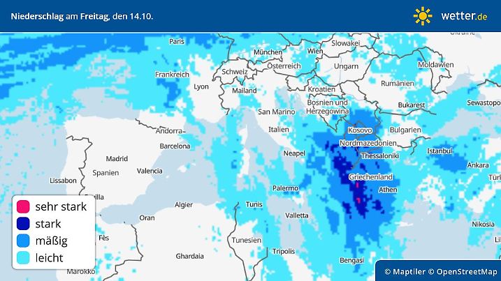 Die Grafik zeigt die Niederschläge am Freitag, 14.10.2022