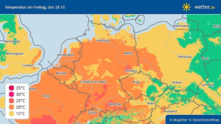 Die Grafik zeigt die Höchstwerte in Deutschland für Freitag, 28.10.2022