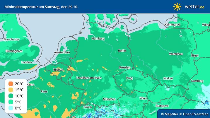Die Grafik zeigt die Tiefstwerte von Samstagmorgen, 29.10.2022