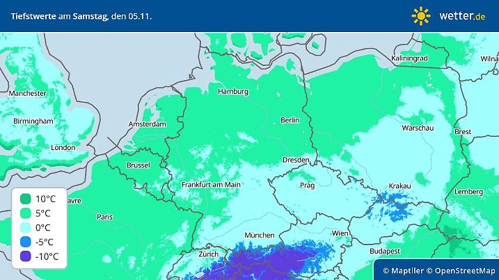 Vorhersage für die Tiefstwerte am Samstag