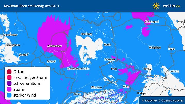 Die Karte zeigt die maximalen Windgeschwindigkeiten am Freitag.