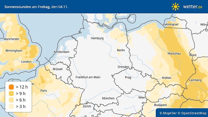 Die Grafik zeigt die Sonnenstunden am Freitag in Deutschland.
