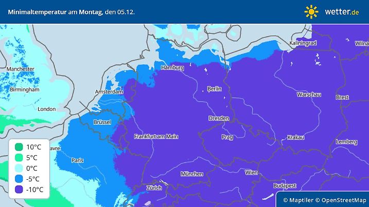 Die Grafik Tiefsttemperaturen Anfang Dezember 2022.