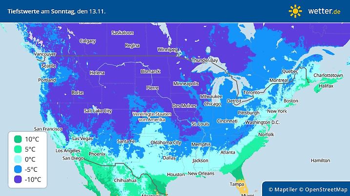 Prognose und Vorhersage Tiefstwerte USA und Kanada am 13. November 2022