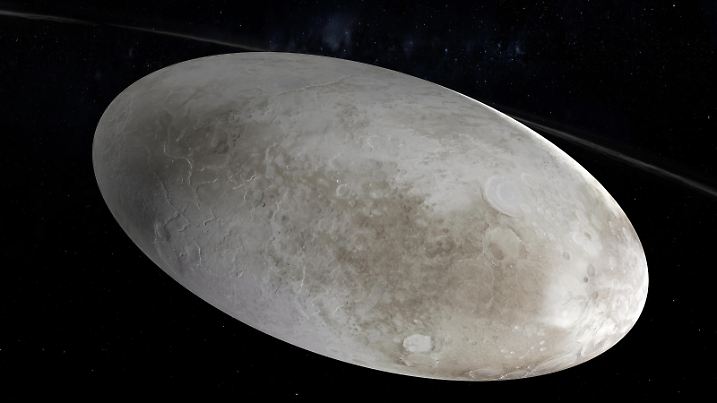 Haumea, dwarf planet, rotating in the outer space. 3d render