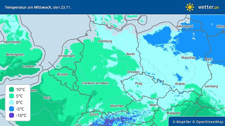 Die Grafik zeigt die Höchstwerte am Mittwoch, 23.11.2022