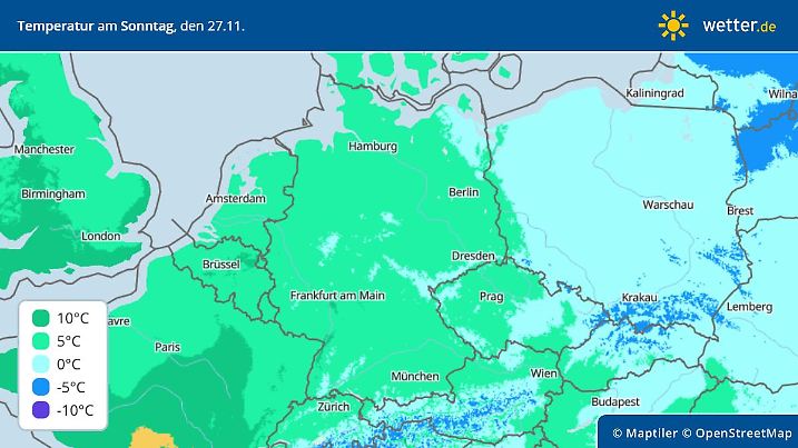 Die Grafik zeigt die Höchstwerte am Sonntag, 27.11.2022
