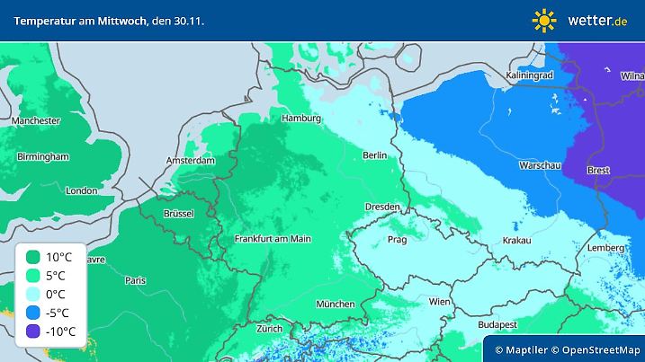 Die Grafik zeigt die Höchstwerte am Mittwoch, 30.11.2022