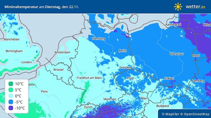Die Grafik zeigt die Tiefsttemperaturen am Dienstag in Deutschland.