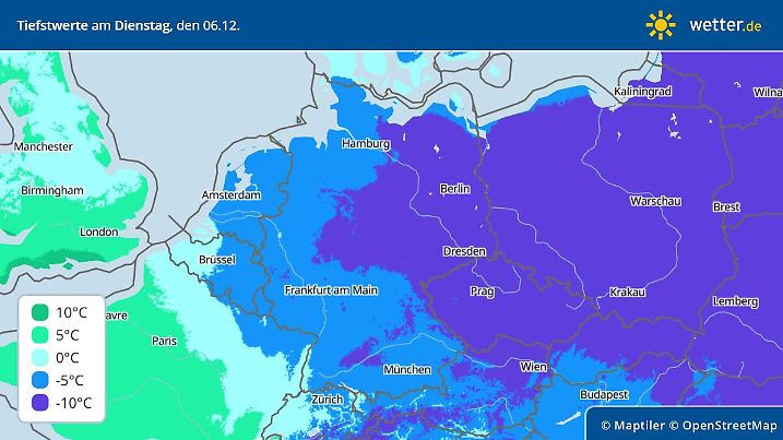Tiefstwerte und Prognose der Tiefstwerte in der Nacht zum 6. Dezember 2022