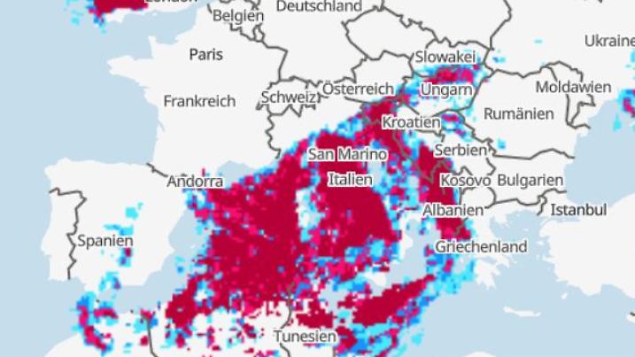 Die Grafik zeigt die Gewittergefahr am Samstag, 10.12.2022 am Mittelmeer