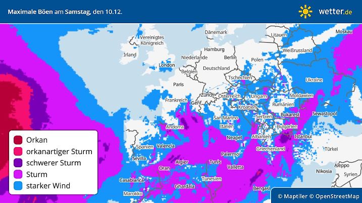 Die Grafik zeigt die stärksten Windböen am Samstag, 10.12.2022 über Südeuropa