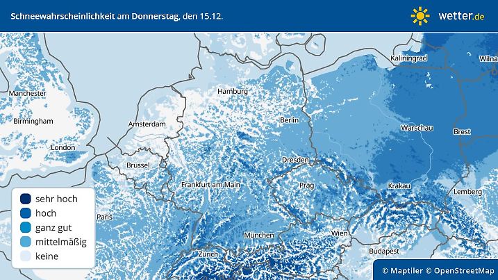 Prognose und Vorhersage für die Wahrscheinlichkeit einer geschlossenen Schneedecke am Donnerstag, 15.12.2022