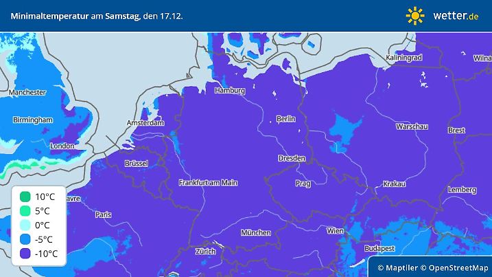 Die Grafik zeigt die Tiefsttemperaturen am Samstag.
