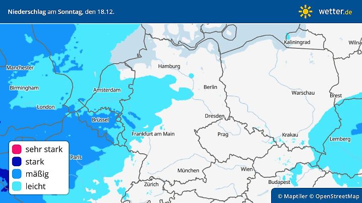 Die Grafik zeigt, wie am Sonntag im Westen Regen aufzieht.