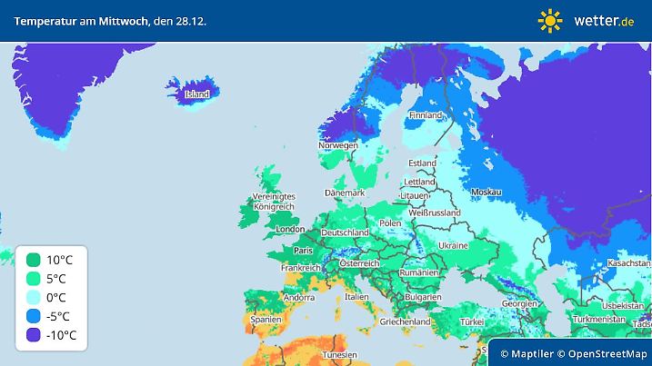 Die Grafik zeigt die Höchstwerte für Europa am Mittwoch, 28.12.2022