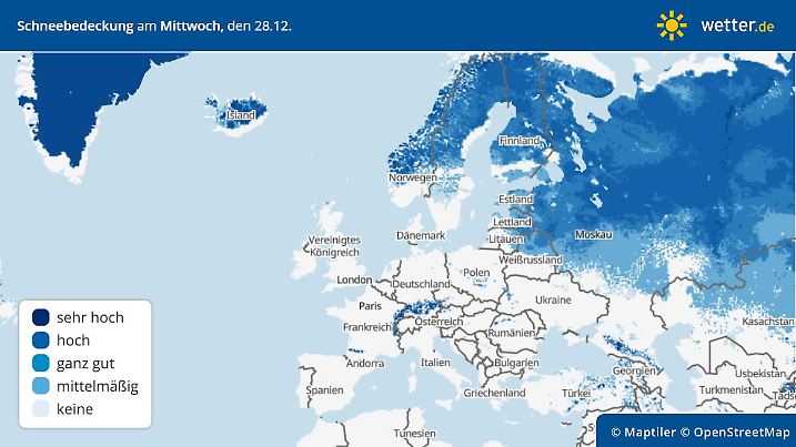 Die Grafik zeigt die Schneebedeckung für Europa am 28.12.2022