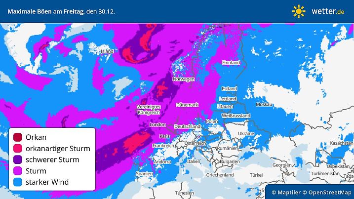 Die Grafik zeigt die Sturmlage auf dem Atlantik.