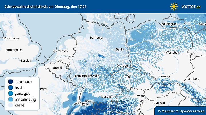 Schneewahrscheinlichkeit für Deutschland und Mitteleuropa am 17. Januar 2023