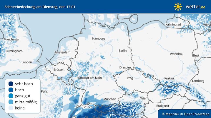 Schneebedeckung am Dienstag, 17. Januar 2023 in Deutschland