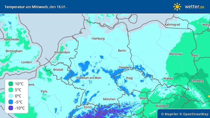 Höchsttemperaturen am Mittwoch, 18. Januar 2023, in Deutschland