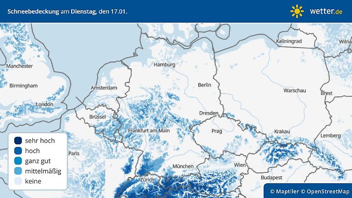 Schneebedeckung am Dienstag, 17. Januar 2023, in Deutschland