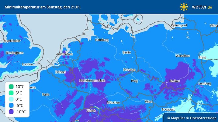 Die Grafik zeigt die Tiefstwerte am Samstagmorgen, 21.01.2023
