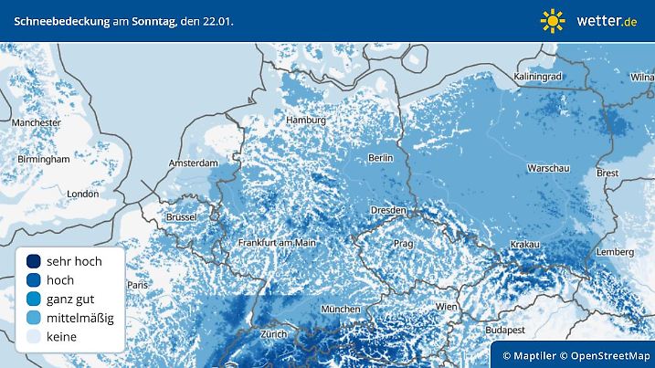 Die Grafik zeigt die Schneebedeckung am Sonntagmorgen, 22.01.2023