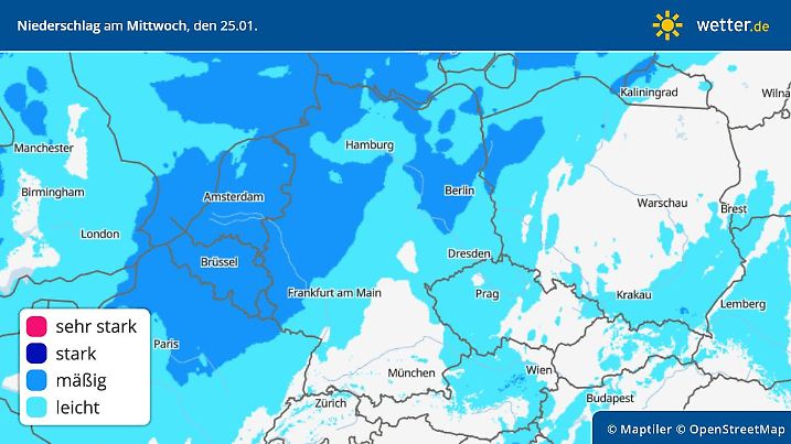 Die Grafik zeigt die Niederschläge für Mittwoch, 25.01.2023
