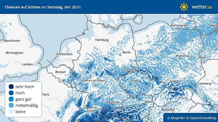 Vorhersage und Prognose der Schneewahrscheinlichkeit am Samstag 28. Januar 2023