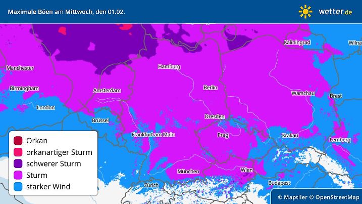 Die Grafik zeigt die maximalen Windböen am Mittwoch, 01.02.2023