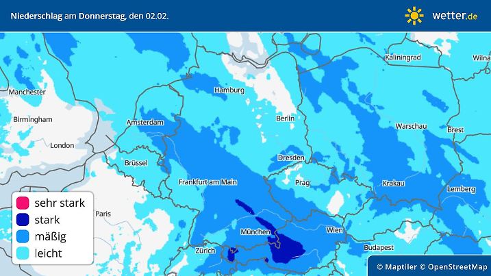 Die Grafik zeigt die Niederschläge am Donnerstag, 02.02.2023
