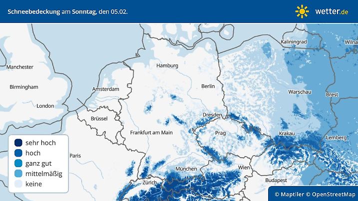 Die Grafik zeigt die Schneebedeckung am Samstagmorgen, 05.02.2023, an.