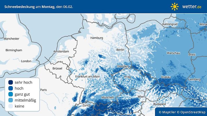 Die Grafik zeigt die Schneebedeckung am Montagmorgen, 07.02.2023, an.