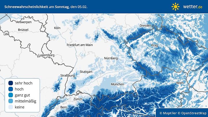 Prognose und Vorhersage Schneewahrscheinlichkeit Sonntag, 05. Februar 2023