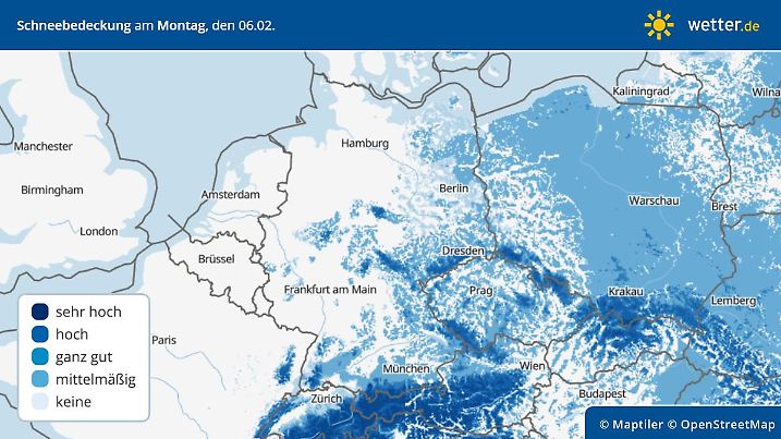 Die Grafik zeigt die Schneebedeckung am Montagmorgen, 06.02.2023