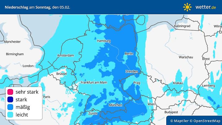 Die Grafik zeigt die Niederschläge am Sonntag, 05.02.2023
